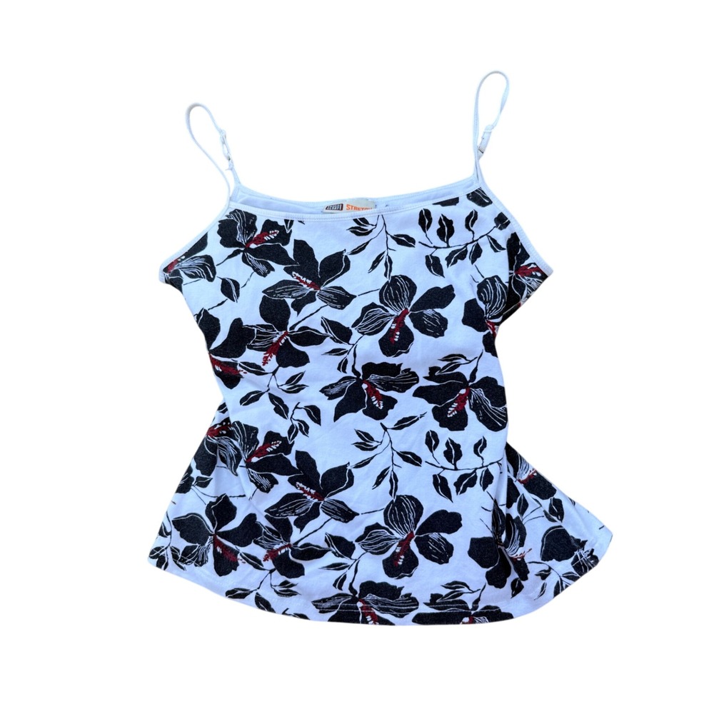 Y2K 2000s Faded Glory Hibiscus Floral Cami Top White Black Red built in bra